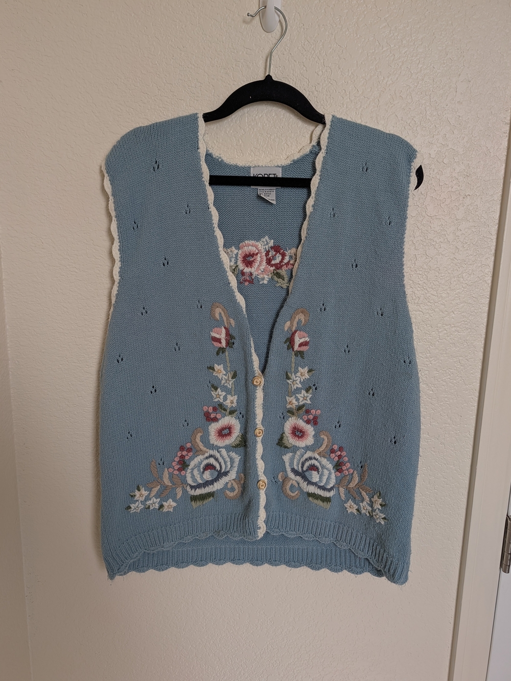 Vintage Koret Blue Embroidered Sweater Vest Gold Buttons Size Large 90s Grandma